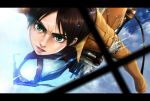  1boy black_hair cable close-up clouds eren_jaeger flight foreshortening green_eyes insignia jacket lens_flare letterboxed lun2004 shingeki_no_kyojin sky solo sword three-dimensional_maneuver_gear weapon wrinkles 