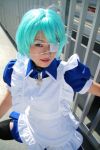 apron asahina_komugi blue_hair cosplay eyepatch ikkitousen maid maid_uniform photo ryomou_shimei thigh-highs 