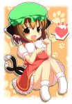  1girl animal_ears brown_eyes brown_hair cat_ears cat_tail chen earrings fang hat heart jewelry multiple_tails paw_print pila-pela ribbon solo tail touhou 