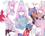  2021 2girls :d ^_^ animal_ears blue_hair brand_new_animal cellphone closed_eyes closed_mouth commentary_request fox_ears fox_girl fox_tail furry green_eyes grey_jacket hair_between_eyes highres hiwatashi_nazuna holding holding_phone hood hoyon jacket japanese_clothes kagemori_michiru long_hair looking_at_viewer miko multicolored_hair multiple_girls multiple_views open_clothes open_jacket open_mouth phone pink_hair plaid plaid_scarf raccoon_ears raccoon_girl raccoon_tail red_eyes red_jacket scarf short_hair simple_background smile speech_bubble sweater tail translation_request two-tone_hair white_background 