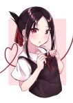  1girl :o absurdres bangs black_hair blush breasts eyebrows_visible_through_hair hair_ornament hands_up harukasu_(mememememo) highres kaguya-sama_wa_kokurasetai_~tensai-tachi_no_renai_zunousen~ looking_at_viewer medium_hair open_mouth red_eyes ribbon shinomiya_kaguya short_sleeves simple_background small_breasts solo uniform 