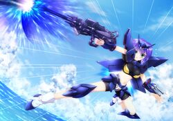  1girl :o arm_cannon bike_shorts breasts clouds emphasis_lines flying gespenst gun highres holding holding_gun holding_weapon light_blush madai_taipe mecha_musume midriff navel ocean open_hand open_mouth personification short_hair sky small_breasts solo super_robot_wars super_robot_wars_original_generation surprised weapon 