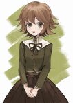  1boy :d bangs blush bojue_(hakus_1128) brown_eyes brown_hair brown_ribbon brown_skirt commentary_request cowboy_shot dangan_ronpa:_trigger_happy_havoc dangan_ronpa_(series) eyebrows_visible_through_hair fujisaki_chihiro green_background hair_between_eyes highres long_sleeves looking_at_viewer male_focus neck_ribbon open_mouth otoko_no_ko own_hands_together pleated_skirt ribbon school_uniform shirt short_hair sketch skirt smile solo v_arms white_background 