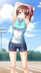  1girl armpits arms_up bangs blue_jacket blue_sky breasts brown_hair closed_mouth clouds day doukyuusei_2 doukyuusei_another_world eyebrows_visible_through_hair game_cg grey_shorts hair_between_eyes hair_ornament hair_scrunchie jacket leaning_to_the_side lens_flare long_hair looking_at_viewer medium_breasts official_art outdoors pink_scrunchie satozaki_minatsu scrunchie shiny shiny_hair short_shorts shorts side_ponytail sky sleeveless sleeveless_jacket smile solo stadium standing stretch swept_bangs track_and_field two-tone_jacket violet_eyes white_jacket 