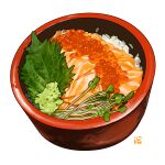  bowl chirashi_(food) fish food food_focus ikura_(food) leaf no_humans original rice roe salmon sashimi simple_background still_life studiolg sushi vegetable white_background 