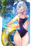 1girl artist_name blue_eyes blue_sky blue_swimsuit casual_one-piece_swimsuit clouds competition_school_swimsuit cowboy_shot english_commentary fish_tail gawr_gura hololive hololive_english innertube looking_at_viewer one-piece_swimsuit one_eye_closed one_side_up palm_leaf school_swimsuit shark_tail sharp_teeth short_hair silver_hair sky solo standing swimsuit sydus tail teeth 