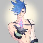  1boy bare_shoulders black_gloves blue_eyes blue_hair closed_mouth collarbone fire flame galo_thymos gloves hair_over_one_eye imanatsu male_focus muscular promare smile solo spiky_hair upper_body 