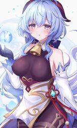  1girl absurdres ahoge bangs bare_shoulders bell black_gloves blue_hair blush breasts brown_bodysuit covered_nipples detached_sleeves dress elbow_gloves ganyu_(genshin_impact) genshin_impact gloves highres horns komari_mhy large_breasts long_hair looking_at_viewer magic orb thighs violet_eyes water white_dress 