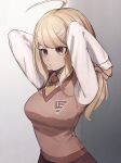  1girl :o absurdres ahoge akamatsu_kaede arms_behind_head arms_up bangs blonde_hair bojue_(hakus_1128) breasts collared_shirt commentary_request cowboy_shot dangan_ronpa_(series) dangan_ronpa_v3:_killing_harmony eighth_note gradient gradient_background grey_background hair_ornament hair_tie hands_in_hair highres large_breasts long_hair long_sleeves looking_at_viewer medium_breasts musical_note musical_note_hair_ornament necktie open_mouth orange_neckwear pleated_skirt shirt skirt solo sweater_vest tying_hair upper_body 