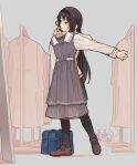  1girl akemi_homura bag bag_removed bangs black_eyes black_hair black_hairband black_legwear blurry blurry_background brown_footwear brown_shirt brown_skirt closed_mouth clothes_hanger clothes_in_front clothes_rack collared_dress dress dress_removed expressionless full-length_mirror full_body grey_background grey_dress hairband hands_up holding holding_clothes holding_dress kyubey loafers long_hair long_sleeves looking_at_object mahou_shoujo_madoka_magica miniskirt mirror mitakihara_school_uniform outstretched_arm pantyhose plaid plaid_skirt pleated_skirt school_bag school_uniform shima_(landsuzume) shirt shoes simple_background skirt solo standing very_long_hair white_sleeves 