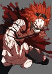  1boy blurry boku_no_hero_academia claw_pose clenched_teeth commentary_request depth_of_field fingernails forehead glowing glowing_eyes grey_background hair_horns headgear highres kirishima_eijirou leg_up looking_at_viewer male_focus matsumotoshinnnosuke orange_eyes outstretched_arm pants redhead sanpaku serious sharp_fingernails sharp_teeth shirtless short_hair simple_background solo spiky_hair teeth torn_clothes torn_pants 