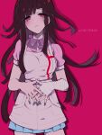  1girl absurdres apron bandaged_arm bandages bangs breasts character_name closed_mouth commentary_request cowboy_shot dangan_ronpa_(series) dangan_ronpa_2:_goodbye_despair eyebrows_visible_through_hair frown highres long_hair looking_at_viewer medium_breasts mole mole_under_eye nekoma_hikaru own_hands_together pink_background pink_eyes pink_shirt pleated_skirt puffy_short_sleeves puffy_sleeves purple_hair shirt short_sleeves simple_background skirt solo tsumiki_mikan white_apron 