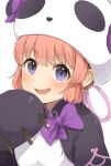  1girl :d animal_costume blush bow copyright_request fang gloves hand_up hat highres looking_at_viewer nishiuri open_mouth panda_costume paw_gloves paws pink_hair purple_bow simple_background smile solo violet_eyes white_background 