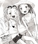  2girls :d bare_shoulders blush camisole child dress eyewear_on_head finger_gun flat_chest greyscale hat heart heart_print highres leaning_forward long_hair looking_at_viewer masuda_(yousaytwosin) messy_hair monochrome multiple_girls one_eye_closed open_clothes open_mouth open_shorts original pointing pointing_at_viewer short_shorts shorts smile sun_hat sundress sunglasses wristband 
