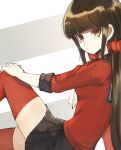  1girl bangs black_skirt blunt_bangs bojue_(hakus_1128) brown_hair closed_mouth commentary_request dangan_ronpa_(series) dangan_ronpa_v3:_killing_harmony feet_out_of_frame from_side hair_ornament hair_scrunchie harukawa_maki highres long_hair long_sleeves looking_at_viewer looking_to_the_side low_twintails miniskirt mole mole_under_eye pleated_skirt red_eyes red_legwear red_scrunchie red_shirt scrunchie shirt sitting skirt solo thigh-highs twintails zettai_ryouiki 