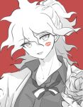  1boy :d bangs bow bowtie collared_shirt dangan_ronpa_(series) dangan_ronpa_2:_goodbye_despair flower hair_between_eyes highres holding holding_flower jacket kayada_(kyd_kxh) komaeda_nagito lipstick lipstick_mark looking_at_viewer makeup male_focus medium_hair messy_hair official_alternate_costume open_clothes open_jacket open_mouth red_background red_lipstick rose shirt short_ponytail smile solo spot_color 