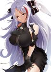  1girl ahoge azur_lane bangs black_dress bow breasts brown_eyes closed_mouth dress eyebrows_visible_through_hair hair_bow hair_ornament hand_on_own_chest hand_up highres huge_breasts long_hair looking_at_viewer prinz_eugen_(azur_lane) shinka_(yonkun121) simple_background smile white_background white_hair 