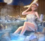  1girl aqua_eyes artist_name bare_shoulders bare_tree blurry blurry_background breasts brown_hair bucket collarbone commentary commission copyright_request english_commentary forehead full_moon hair_bun hair_up hand_up highres large_breasts looking_at_viewer moon naked_towel night onsen potetos7 rock shampoo_bottle sitting smile soaking_feet solo steam towel tree water 