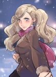 1girl 1other ambiguous_gender blonde_hair blue_eyes earrings hair_ornament hairclip holding_hands jacket jewelry kokomi_(aniesuakkaman) lips long_hair out_of_frame outstretched_hand persona persona_5 pov scarf snow standing stud_earrings takamaki_anne twintails winter_clothes 