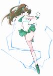  1girl absurdres angry bishoujo_senshi_sailor_moon brown_hair clenched_hands earrings electricity gloves gold_headband green_skirt highres jewelry kino_makoto leg_up long_legs looking_down magical_girl pochi_(askas_is_god) ponytail sailor_jupiter sailor_senshi_uniform skirt solo tied_hair white_background white_gloves 