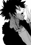  1boy bangs black_hair boku_no_hero_academia burn_scar dabi_(boku_no_hero_academia) from_side greyscale looking_at_viewer male_focus messy_hair monochrome open_mouth piercing scar shirt short_sleeves simple_background solo spiky_hair staple stitches upper_body white_background yuu_yuugekisyu 
