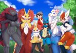  1boy 6+girls :&lt; :3 animal_ear_fluff animal_ears animal_nose artist_name ass ass_visible_through_thighs bangs beanie black_fur black_hair blue_eyes blue_fur blue_hair blue_sky blurry blurry_background blush body_fur braixen breasts brown_eyes brown_hair bunny_tail cinderace claws closed_mouth clouds collared_shirt colored_skin commentary_request day delphox english_commentary eyebrows_visible_through_hair fox_ears fox_girl fox_tail from_behind furry gen_4_pokemon gen_5_pokemon gen_6_pokemon gen_7_pokemon gen_8_pokemon grass grey_fur grey_headwear groin hair_ornament hand_on_hip hand_on_own_face hand_up hands_on_hips hands_up happy hat height_difference large_breasts light_blush long_hair looking_at_another looking_at_viewer looking_back low-tied_long_hair lucario medium_breasts mermaid mixed-language_commentary monster_girl multicolored_hair multiple_girls navel nervous no_nipples no_pussy open_mouth outdoors partial_commentary paws pearl_(gemstone) pokemon pokemon_(creature) pokemon_(game) pokemon_swsh primarina rabbit_ears rabbit_girl red_eyes red_fur red_shirt redhead see-through shiny shiny_hair shirt short_hair shy sidelocks signature sky small_breasts smile snout spikes standing starfish stomach swept_bangs tail teeth thumbs_up tree two-tone_hair upper_body very_long_hair victor_(pokemon) wavy_mouth white_fur white_skin wide_hips wolf_ears wolf_girl wolf_tail wolflong yellow_fur zoroark 