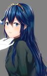  1girl ameno_(a_meno0) blue_eyes blue_hair fire_emblem fire_emblem_awakening grey_background hair_between_eyes light_blush long_hair looking_at_viewer lucina_(fire_emblem) makeup makeup_brush simple_background solo_focus sweater symbol-shaped_pupils tiara 