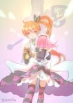  2girls absurdres bangs blush bow crying eyebrows_visible_through_hair frills hair_between_eyes hair_bow highres hug magia_record:_mahou_shoujo_madoka_magica_gaiden mahou_shoujo_madoka_magica makino_ikumi midori_ryou multiple_girls orange_hair pink_hair ponytail puffy_short_sleeves puffy_sleeves red_eyes shirt short_sleeves smile striped striped_legwear two_side_up white_shirt wrist_cuffs yakumo_au 