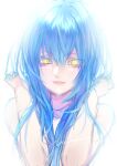  1girl bangs blue_hair closed_mouth completely_nude hair_between_eyes hands_in_hair long_hair looking_at_viewer nude nukogami_(minniecatlove21) rimuru_tempest shiny shiny_hair simple_background solo tensei_shitara_slime_datta_ken upper_body white_background yellow_eyes 