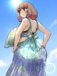  1girl absurdres back_bow bangs blunt_bangs bow breasts brown_eyes brown_hair clouds cloudy_sky covered_nipples danchizuma dot_nose dress floral_print frills hands_on_hips highres huge_breasts looking_to_the_side medium_hair outdoors see-through sky solo sun tareme wide_hips 
