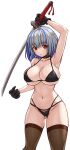  1girl absurdres asamura_hiori bikini black_gloves breasts cowboy_shot gloves grey_hair highres huge_breasts katana multi-strapped_bikini_bottom navel original pantyhose red_eyes silver_hair skindentation swimsuit swimwear sword thighband_pantyhose weapon white_background 