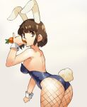  1girl animal_ears ass blue_leotard breasts brown_eyes brown_hair bunny_tail commentary cowboy_shot eating english_commentary fishnet_legwear fishnets food from_behind grey_background holding holding_food holding_vegetable leotard looking_at_viewer medium_breasts medium_hair original pantyhose playboy_bunny rabbit_ears rabbit_girl simple_background solo tail vegetable vins-mousseux wrist_cuffs 