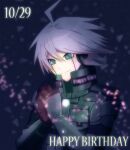  1boy aderu ahoge android bangs black_gloves closed_mouth commentary_request dangan_ronpa_(series) dangan_ronpa_v3:_killing_harmony dated gloves grey_eyes grey_hair hands_clasped hands_up happy_birthday keebo looking_at_hands looking_down own_hands_together short_hair smile solo upper_body 