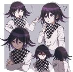  1boy :d ? bangs black_hair bojue_(hakus_1128) border checkered checkered_background checkered_neckwear checkered_scarf closed_eyes commentary_request crossed_arms dangan_ronpa_(series) dangan_ronpa_v3:_killing_harmony double-breasted flipped_hair from_behind frown grey_background grey_jacket hand_up highres jacket laughing long_sleeves looking_at_viewer male_focus multicolored_hair multiple_views open_mouth ouma_kokichi pale_skin purple_hair scarf shirt short_hair smile smug two-tone_hair upper_body upper_teeth violet_eyes white_border 