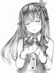  1girl bare_shoulders bow closed_eyes facing_viewer greyscale hair_bow hair_flaps hair_ornament hands_up head_tilt highres hololive long_hair monochrome nanashi_(nlo) own_hands_together simple_background smile solo star_(symbol) star_hair_ornament tokino_sora upper_body vest white_background 