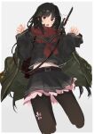  1girl bangs bayonet black_hair black_legwear black_sailor_collar black_serafuku black_shirt black_skirt cherry_blossom_print coat eyebrows_visible_through_hair floral_print girls_frontline green_coat grey_background gun hair_ornament highres long_hair long_sleeves looking_at_viewer navel neckerchief open_mouth pantyhose pleated_skirt red_eyes red_neckwear red_scarf sailor_collar scarf school_uniform serafuku shirt signature simple_background skirt solo submachine_gun sutekina_awa type_100 type_100_(girls_frontline) weapon 