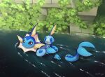  closed_eyes closed_mouth commentary_request gen_1_pokemon gen_8_pokemon highres leaf looking_at_viewer looking_back no_humans nullma open_mouth pokemon pokemon_(creature) shiny sobble starter_pokemon swimming tongue vaporeon water wet 