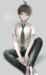  1boy absurdres ahoge bangs black_pants breast_pocket brown_eyes brown_hair collared_shirt commentary_request dangan_ronpa_(series) dangan_ronpa_2:_goodbye_despair dated full_body green_neckwear grey_background grin happy_birthday highres hinata_hajime looking_at_viewer loose_necktie male_focus muuyiie necktie pants pocket red_footwear shirt shoes short_hair short_sleeves simple_background sitting smile sneakers solo v_arms white_footwear white_shirt 