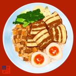  animal bowl egg food food_focus hardboiled_egg lilac_(p-f_easy) meat no_humans original pork rabbit red_background rice simple_background still_life vegetable 