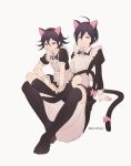  2boys absurdres ahoge alternate_costume animal_ears apron artist_name bangs black_hair black_legwear bow brown_eyes cat_ears cat_tail center_frills collared_dress commentary_request crossdressinging dangan_ronpa_(series) dangan_ronpa_v3:_killing_harmony enmaided ewa_(seraphhuiyu) fake_animal_ears flipped_hair frills full_body grey_apron grey_background hair_between_eyes highres indian_style juliet_sleeves kneehighs long_sleeves maid maid_apron maid_headdress male_focus multiple_boys no_shoes on_lap otoko_no_ko ouma_kokichi pink_bow puffy_short_sleeves puffy_sleeves saihara_shuuichi short_hair short_sleeves simple_background sitting smile tail tail_bow tail_ornament thigh-highs violet_eyes yellow_eyes 