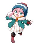  1girl :d bangs beanie black_legwear blue_eyes blue_headwear boots dress eyebrows_visible_through_hair full_body fur-trimmed_boots fur-trimmed_jacket fur_trim gloves green_jacket hair_between_eyes hat highres jacket kagamihara_nadeshiko kuena long_hair long_sleeves looking_at_viewer open_clothes open_jacket open_mouth outstretched_arms pantyhose pink_hair red_footwear red_gloves red_headwear simple_background smile solo standing standing_on_one_leg striped vertical-striped_dress vertical_stripes white_background white_dress yurucamp 