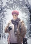  1boy alternate_costume beige_jacket black_hair black_scarf breath brown_eyes cup disposable_cup facial_mark highres hood hooded_jacket itadori_yuuji jacket jujutsu_kaisen looking_at_viewer male_focus mo_si_(z1216150815) pink_hair scarf short_hair snowing solo spiky_hair sweater textless undercut upper_body white_sweater winter_clothes 