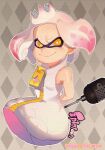  1girl bare_shoulders commentary copyright_name crown domino_mask dress earrings emma_noorman highres inkling jewelry mask microphone multicolored_hair pearl_(splatoon) pink_hair popped_collar sleeveless sleeveless_dress smile solo splatoon_(series) tentacle_hair thick_eyebrows twitter_username two-tone_hair white_hair yellow_eyes 