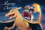  2boys artist_name bangs black_hair blue_oak brown_hair buttons charizard christmas closed_mouth clouds commentary_request fire flame gen_1_pokemon gloves hat kinui_88 long_sleeves male_focus merry_christmas multiple_boys night open_mouth outdoors pokemon pokemon_(creature) pokemon_adventures red_(pokemon) red_eyes riding_pokemon santa_hat sky smile watermark white_gloves 