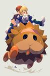  1boy 1girl ahoge animal_costume armor armored_dress artoria_pendragon_(all) blonde_hair blush cis05 dress emiya_shirou fate/stay_night fate_(series) green_eyes guinea_pig hair_ribbon lion_costume long_sleeves molcar orange_hair pui_pui_molcar raglan_sleeves ribbon riding saber short_hair simple_background smile yellow_eyes 