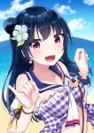  1girl :d absurdres bangs blue_hair blurry blurry_background blush breasts clouds earrings eyebrows_visible_through_hair fang flower frills hair_flower hair_ornament hands_up harukasu_(mememememo) highres huge_filesize jewelry looking_at_viewer love_live! love_live!_sunshine!! ocean open_mouth pink_eyes pinky_out sailor_collar skin_fang smile solo swimwear tsushima_yoshiko water wristband 
