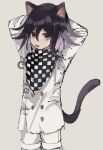  1boy animal_ears arms_behind_head arms_up bangs black_eyes black_hair bojue_(hakus_1128) cat_boy cat_ears cat_tail checkered checkered_scarf commentary_request cowboy_shot cropped_legs dangan_ronpa_(series) dangan_ronpa_v3:_killing_harmony fang hair_between_eyes highres kemonomimi_mode long_sleeves looking_at_viewer male_focus open_mouth ouma_kokichi scarf simple_background solo straitjacket tail violet_eyes 