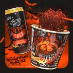  artist_name bat bat_wings black_background can chili chili_pepper chopsticks cup_noodle drink english_text fire food food_focus gradient gradient_background highres le_delicatessen no_humans noodles original ramen red_background simple_background sparkle wings 