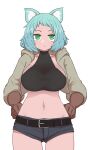  1girl animal_ears belt black_belt blue_hair breasts brown_gloves cat_ears closed_mouth gloves green_eyes grey_jacket grey_shorts hands_on_hips highres jacket large_breasts looking_at_viewer navel open_clothes open_jacket original short_shorts shorts simple_background solo standing stomach sumiyao_(amam) white_background 