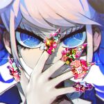  1girl alternate_color bangs blue_eyes blue_hair close-up commentary_request covering_mouth dangan_ronpa:_trigger_happy_havoc dangan_ronpa_(series) enoshima_junko face flower hand_over_own_mouth jewelry looking_at_viewer nabeshi_koyomi nail_art pale_skin pink_flower portrait ring short_hair simple_background smile solo sparkle tagme upper_body white_background 
